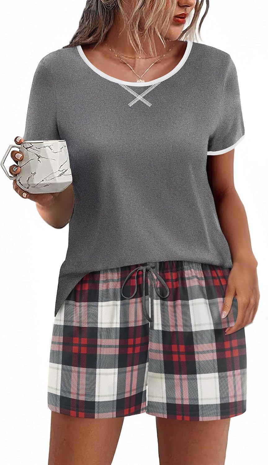 Ekouaer Women Pajama Set Casual Shorts Sets Short Leeve Lounge Set