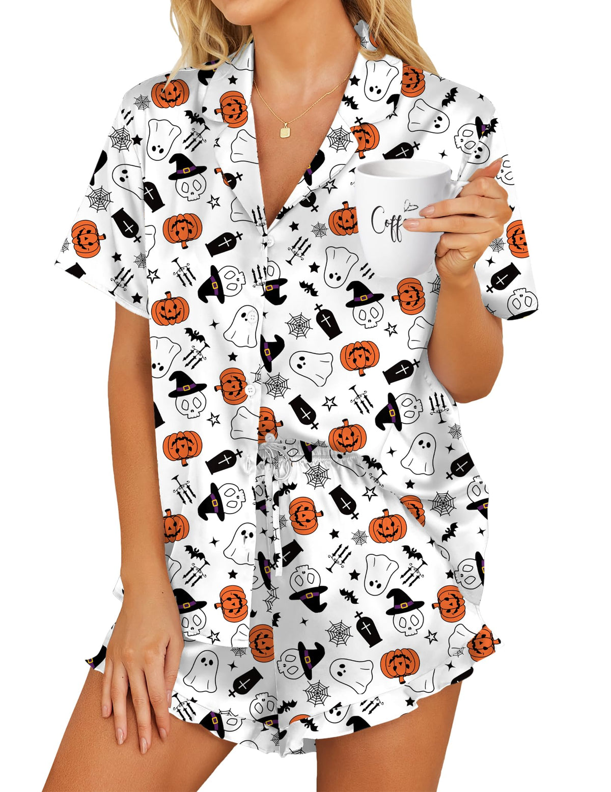 HOTOUCH Womens Satin Pajamas Set Button Down 2 Piece Ruffle Shorts Set