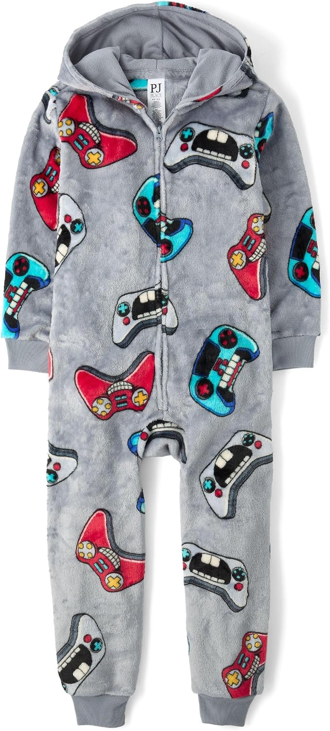 The Children's Place boys Long Sleeve Fleece Hooded Zip Front One Piece Pajamas