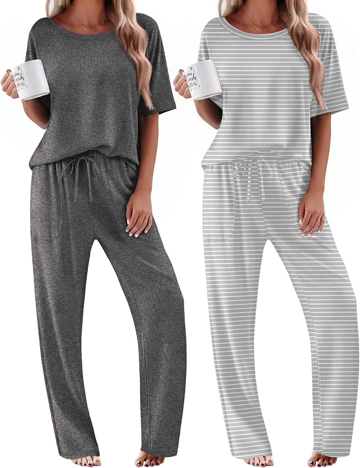 Ekouaer 2 Pack Womens Pajamas Sets Short Sleeve Long Pants Pjs Lounge Set