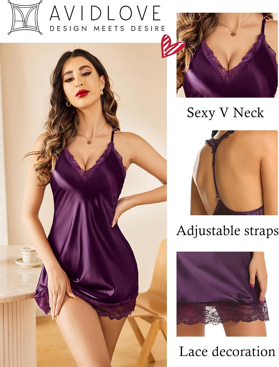 Avidlove Women's Lingerie Satin Lace Chemise Deep V Halter Babydoll S-4XL