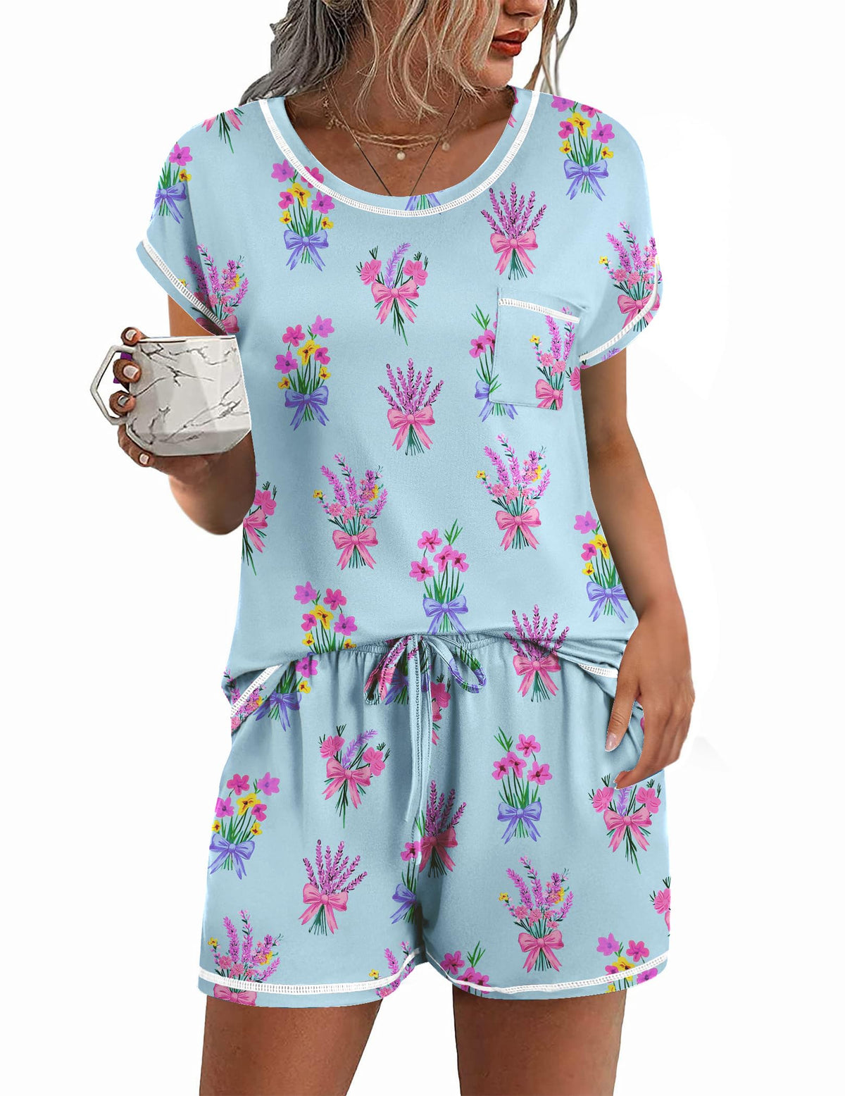 Ekouaer Womens Pajama Sets 2 Piece Pjs Short Sleeve Top and Shorts