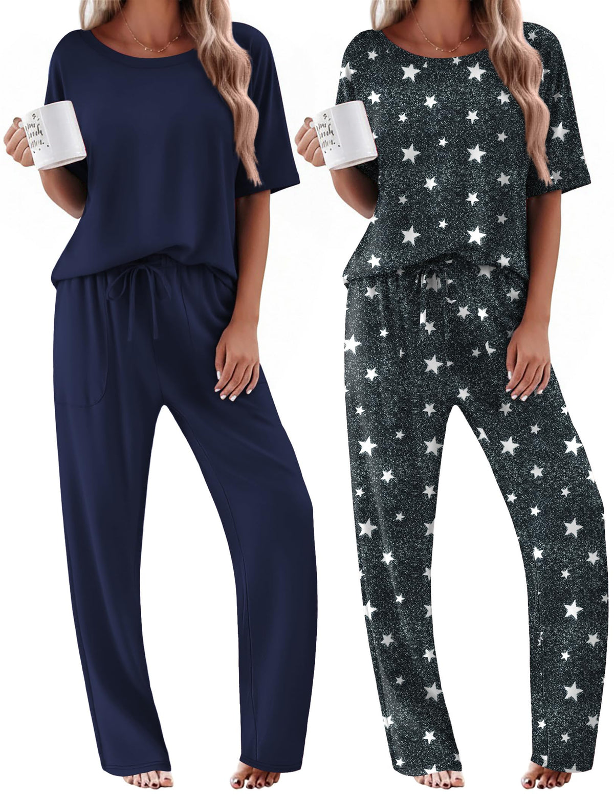 Ekouaer 2 Pack Womens Pajamas Sets Short Sleeve Long Pants Pjs Lounge Set