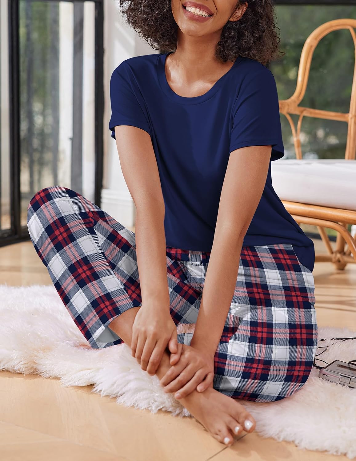 Ekouaer 2 Pack Womens Pajama Set Short Sleeve Top and Printed Pants Soft Pj
