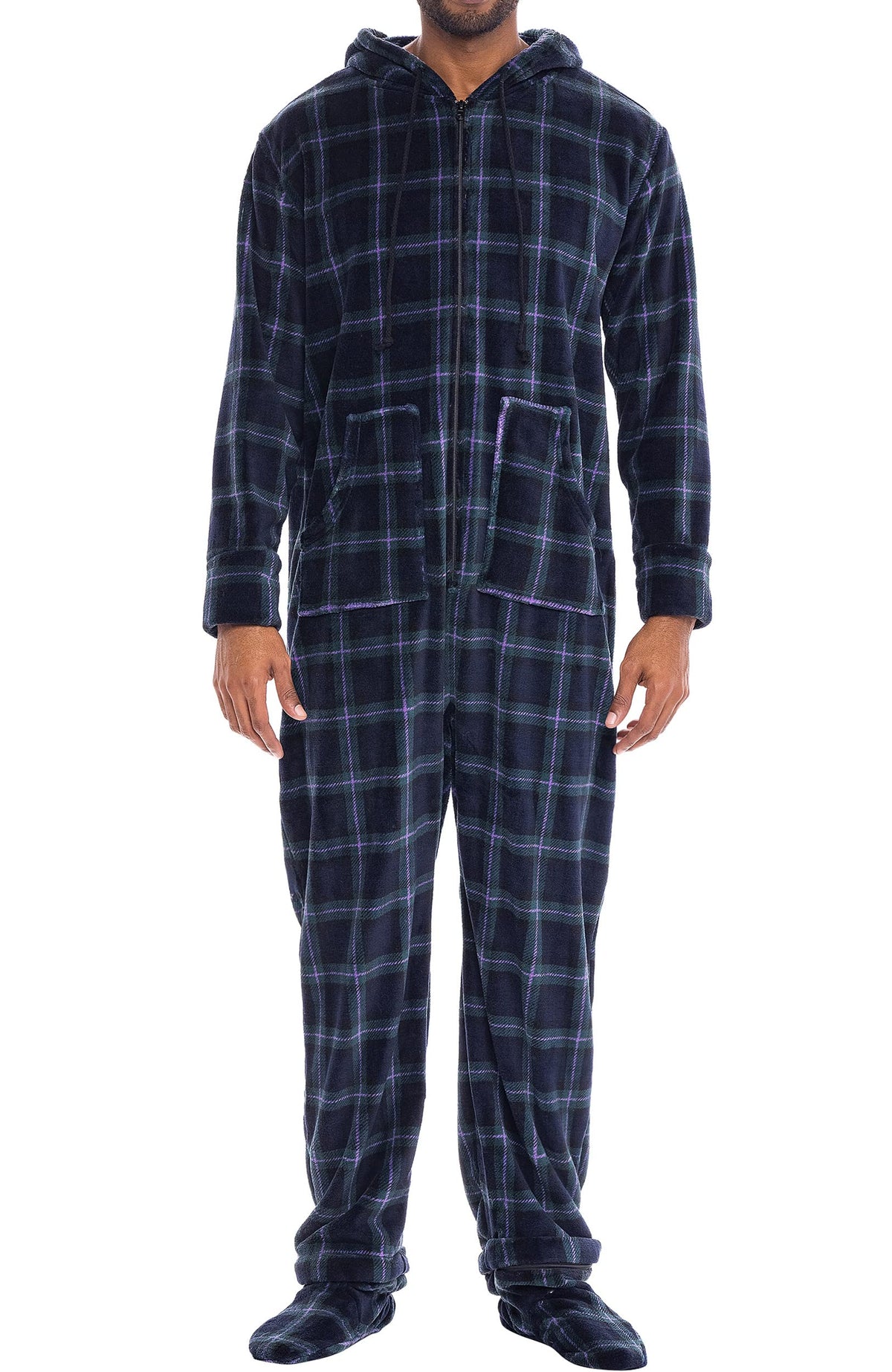 Men's Long Sleeve Plush Fleece Hooded Adult Onesie, Footie Pajamas