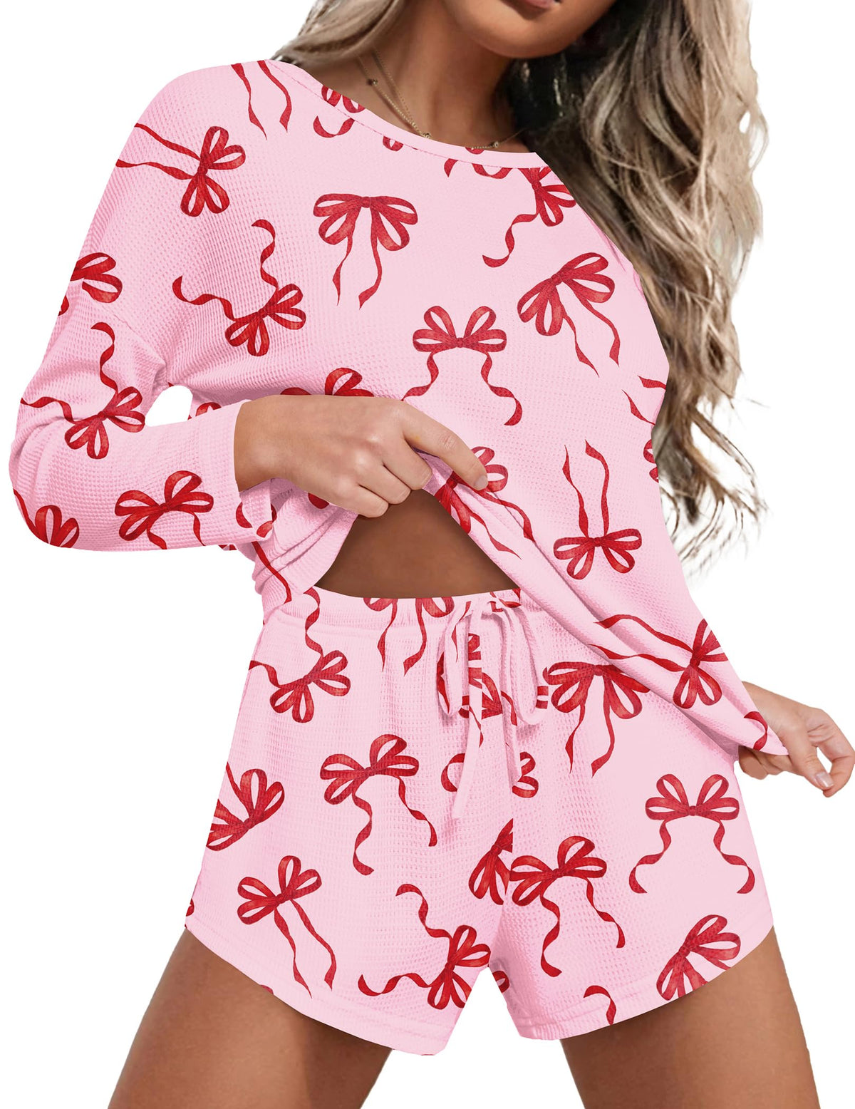 Ekouaer Womens Waffle Knit Pajama Sets Long Sleeve Top and Shorts Matching Lounge Set Loungewear Sweatsuit with Pockets