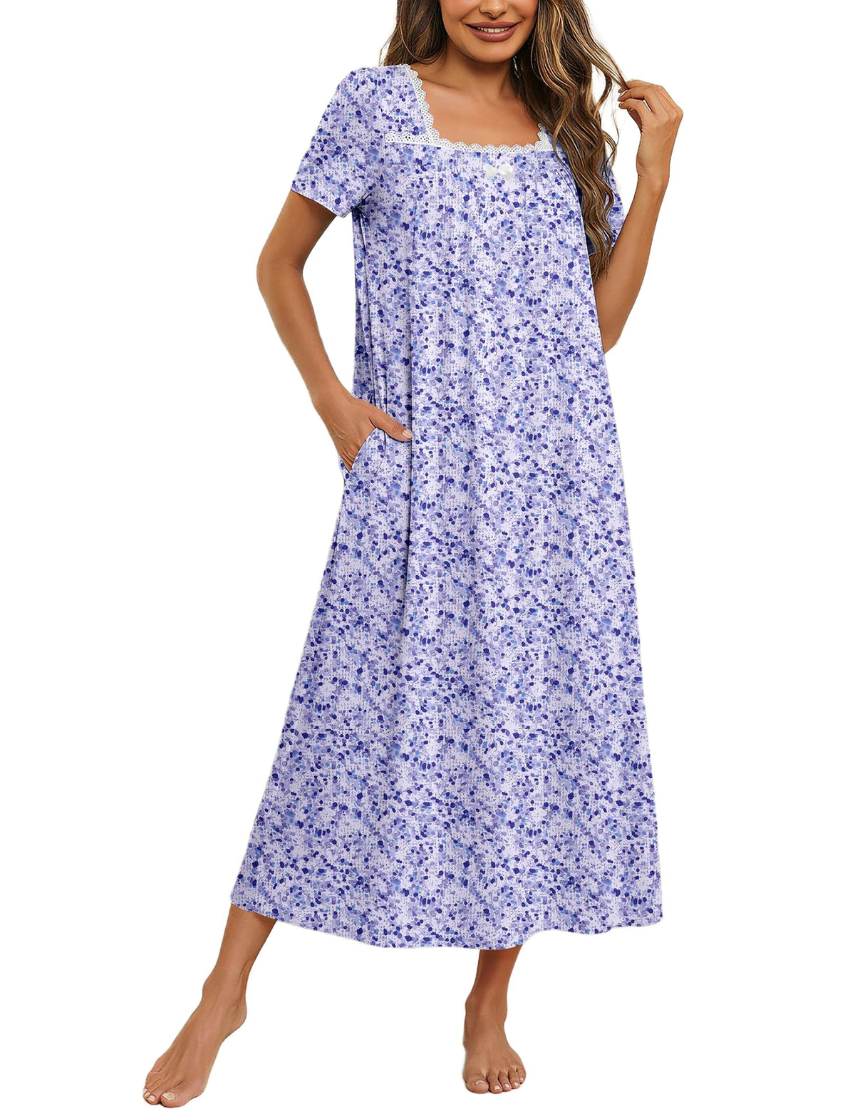 Ekouaer Cotton Long Nightgowns for Women Vintage House Dress with Pockets