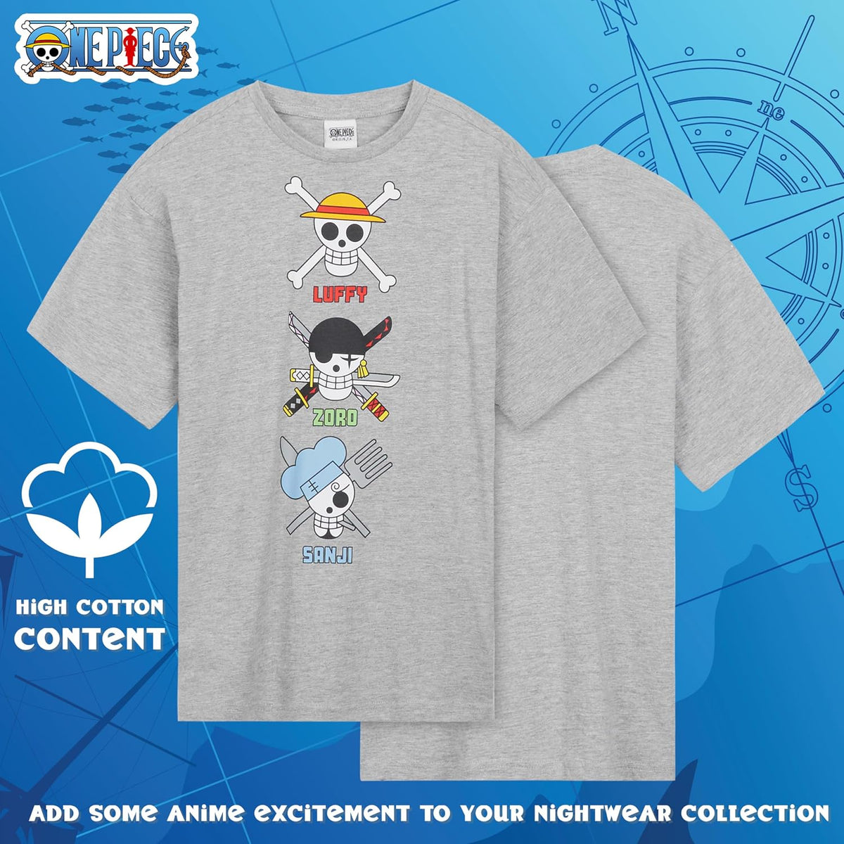 One Piece Pajama Set 2-Piece T shirt and Shorts Set Boys Summer PJ Set Loungewear Kids Clothing Matching Anime Gifts (Grey/Black, 9-10 Years)
