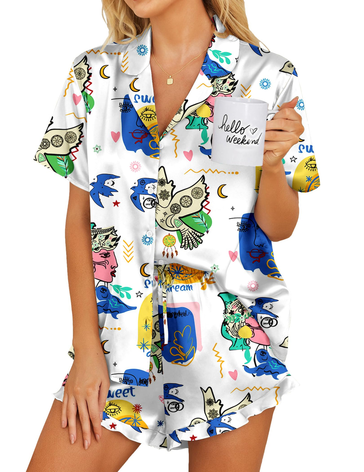 Ekouaer Womens Satin Pajamas Set Button Down 2 Piece Silk Pjs Shorts Set Ruffle Lingerie Notch Collar Sleepwear