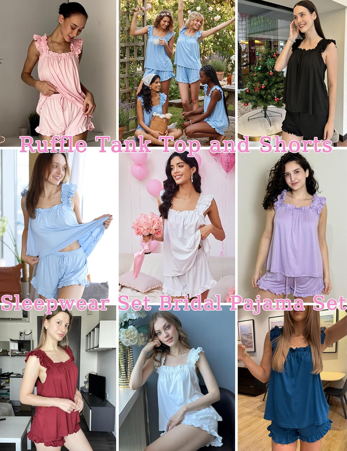 Ekouaer Pajama for Women Set 2 Piece Ruffle Pjs Soft Tank Top and Shorts