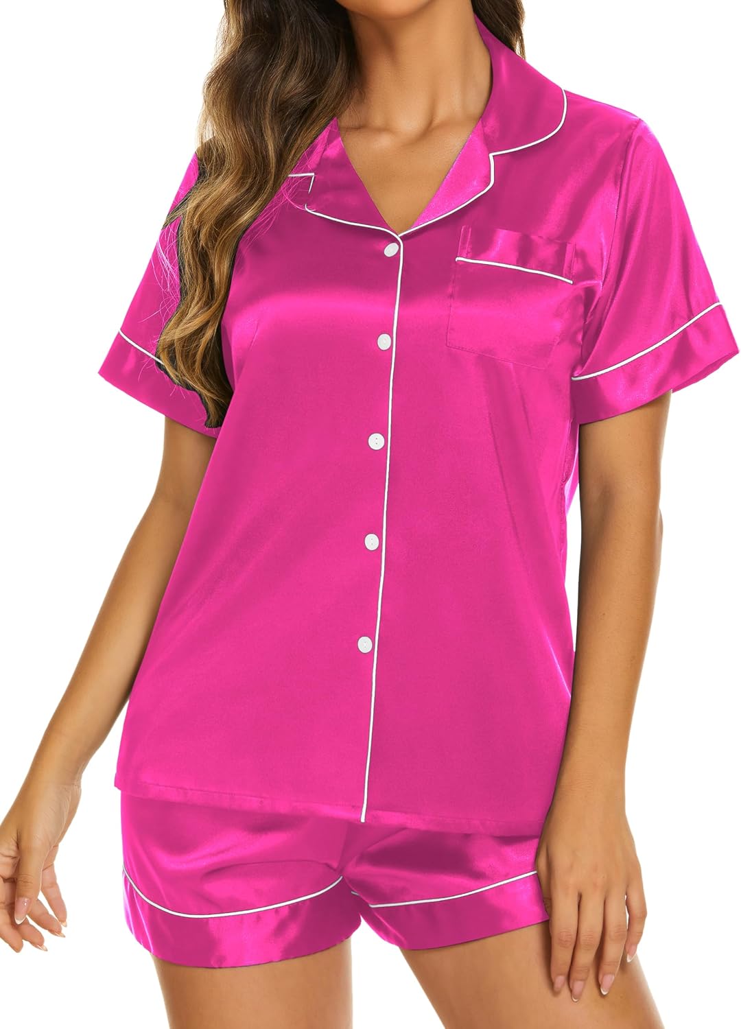 Ekouaer Womens Pajamas Silk Satin Short Sleeve Button Down Pjs Shorts Set