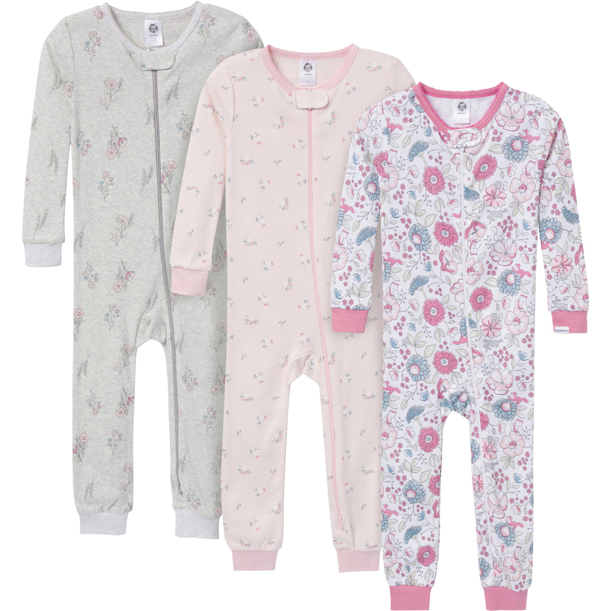 Gerber Baby Girls 3-Pack Snug Fit Footless One Piece Cotton Pajamas