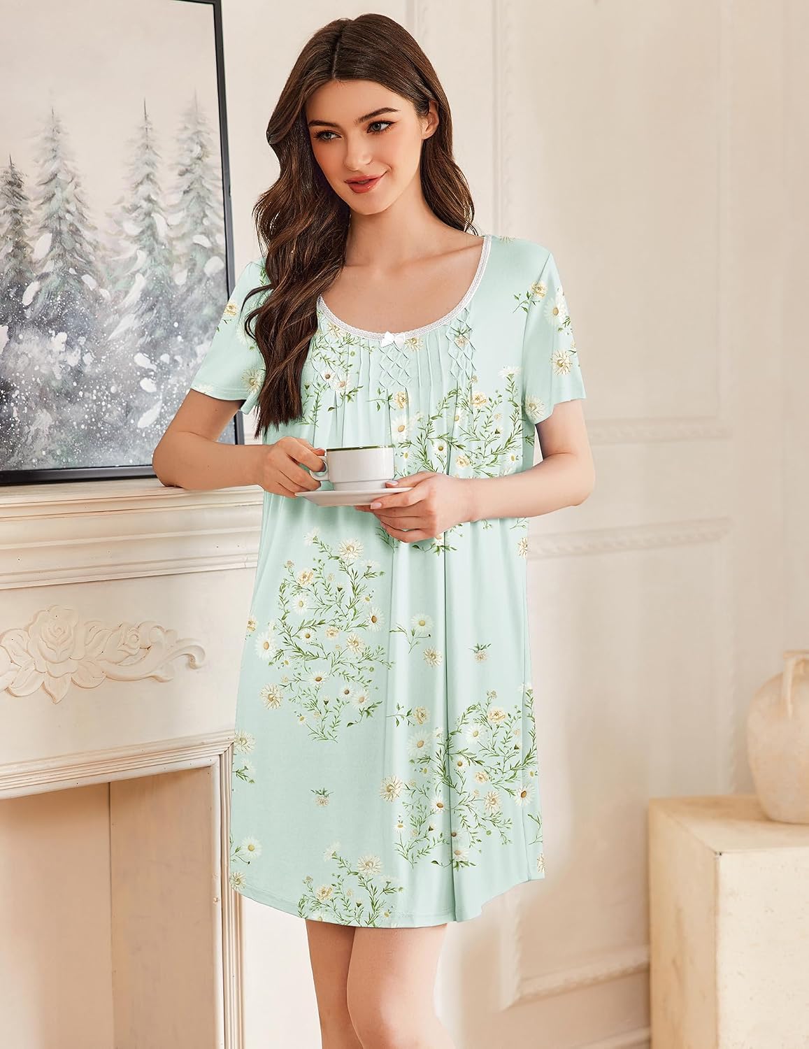 Ekouaer Nightgowns for Women Pleated Sleep Shirts Short Sleeve Night Shirts