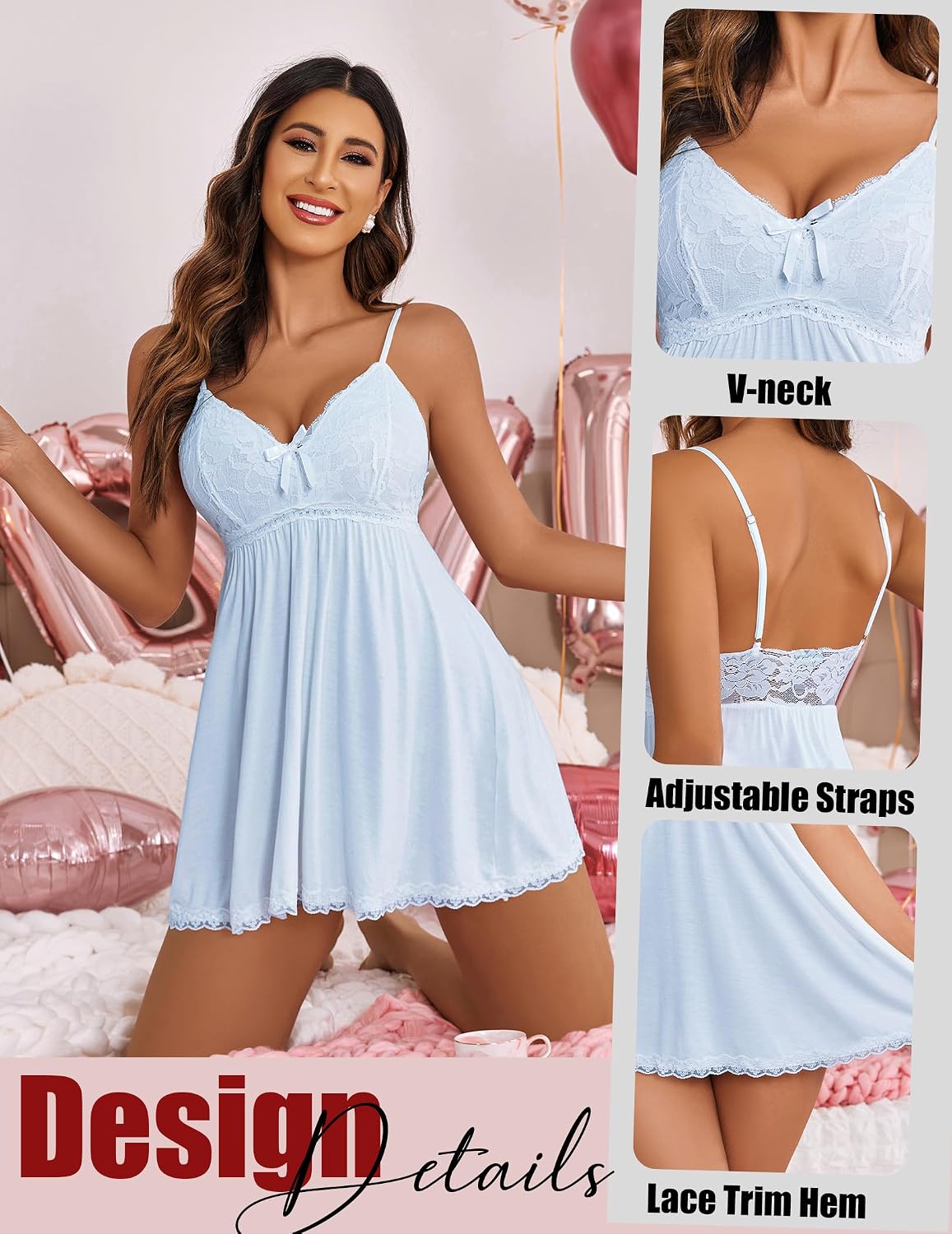 Avidlove Women Nightgown Sexy Sleepwear Lace Chemise V-neck Modal Babydoll