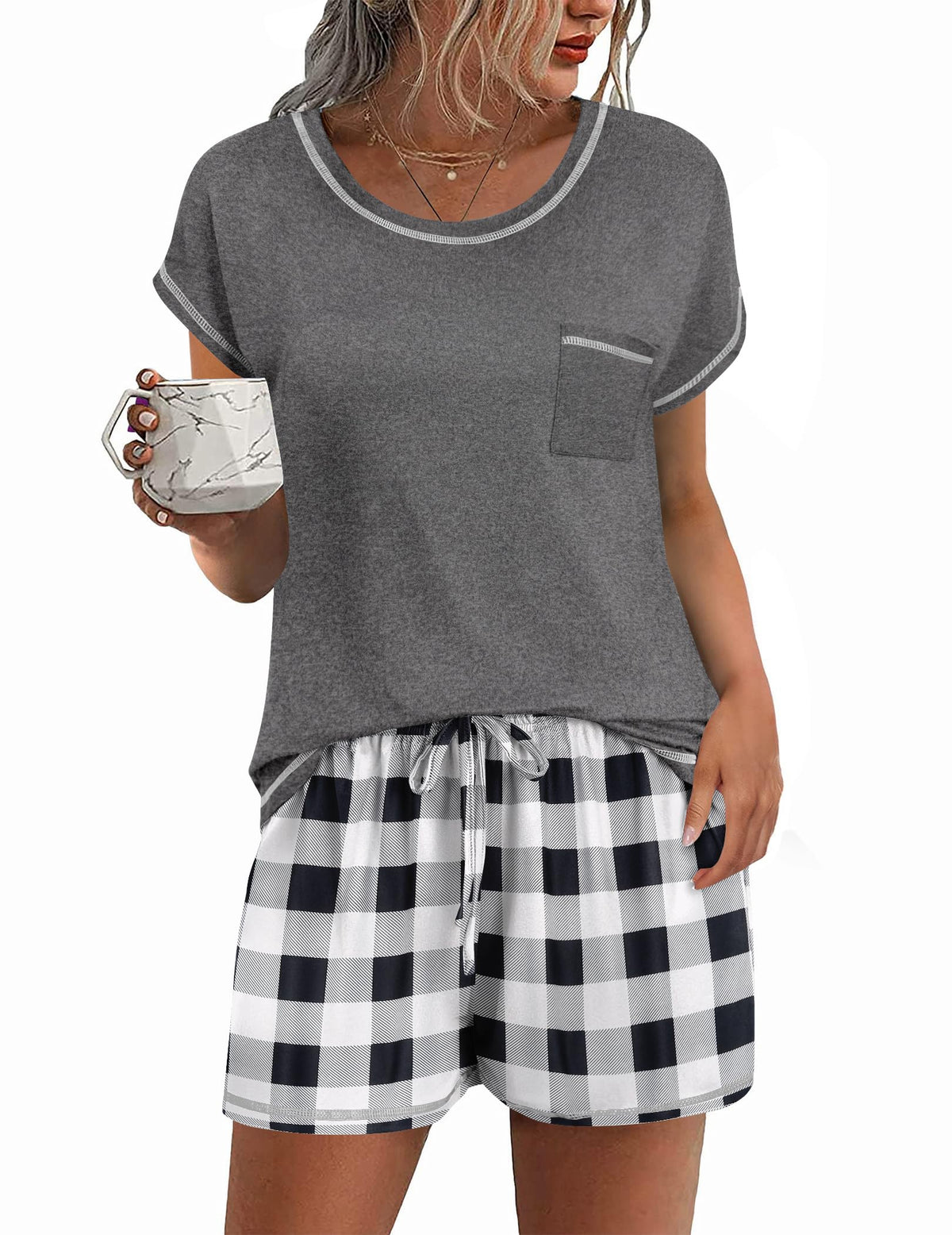 Ekouaer Womens Pajama Sets 2 Piece Pjs Short Sleeve Top and Shorts