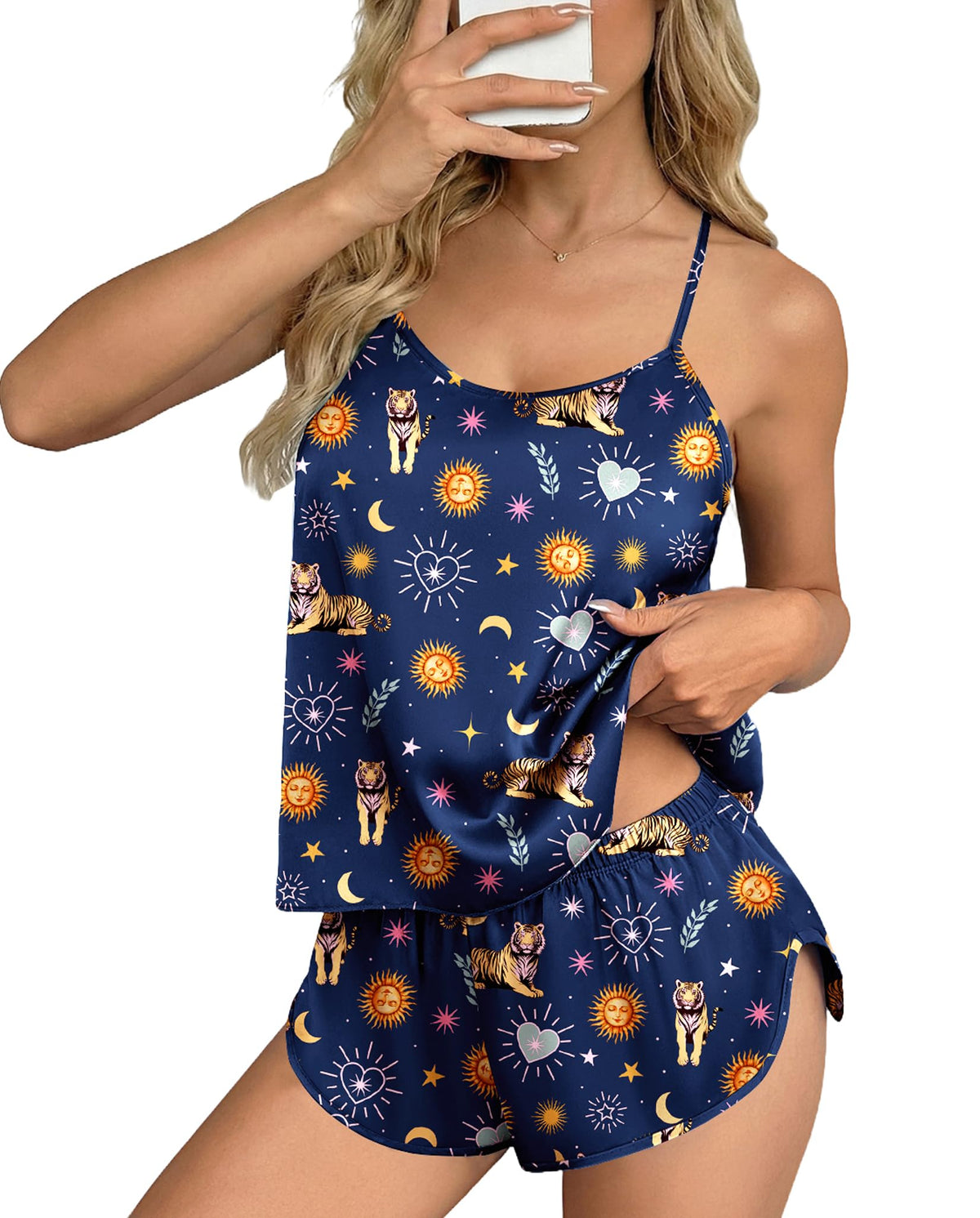 Ekouaer Silk Pajamas Set for Women Satin Backless Lingerie Pjs Cami Top and Shorts Nightwear