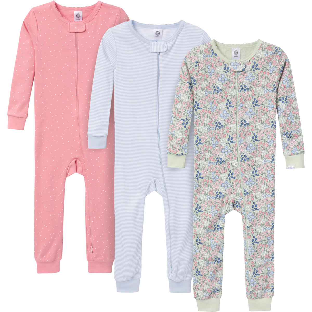 Gerber Baby Girls 3-Pack Snug Fit Footless One Piece Cotton Pajamas