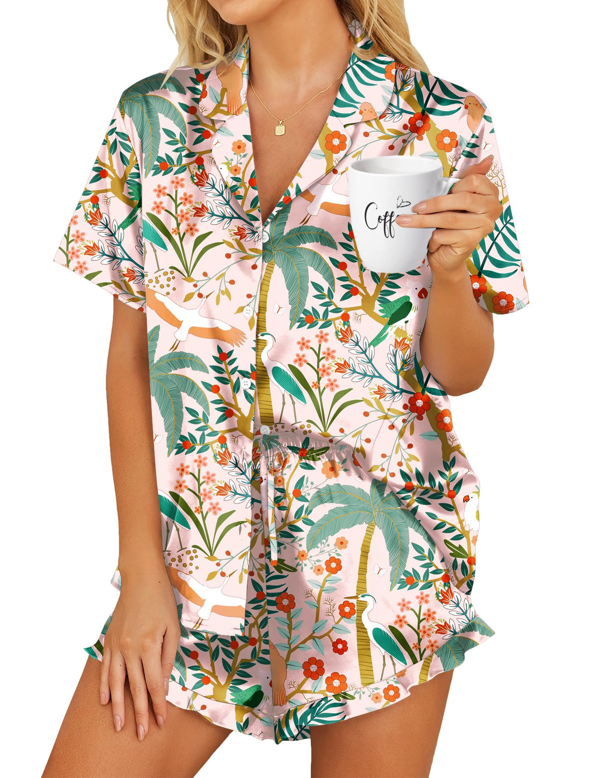 HOTOUCH Womens Satin Pajamas Set Button Down 2 Piece Ruffle Shorts Set