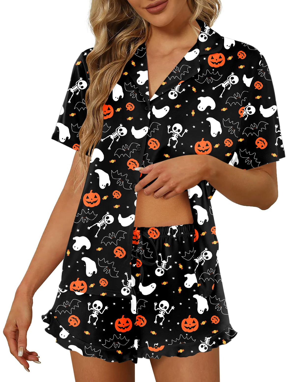 Ekouaer Pajamas Set for Women Short Sleeve Sleepwear Button Down Ruffle Pjs