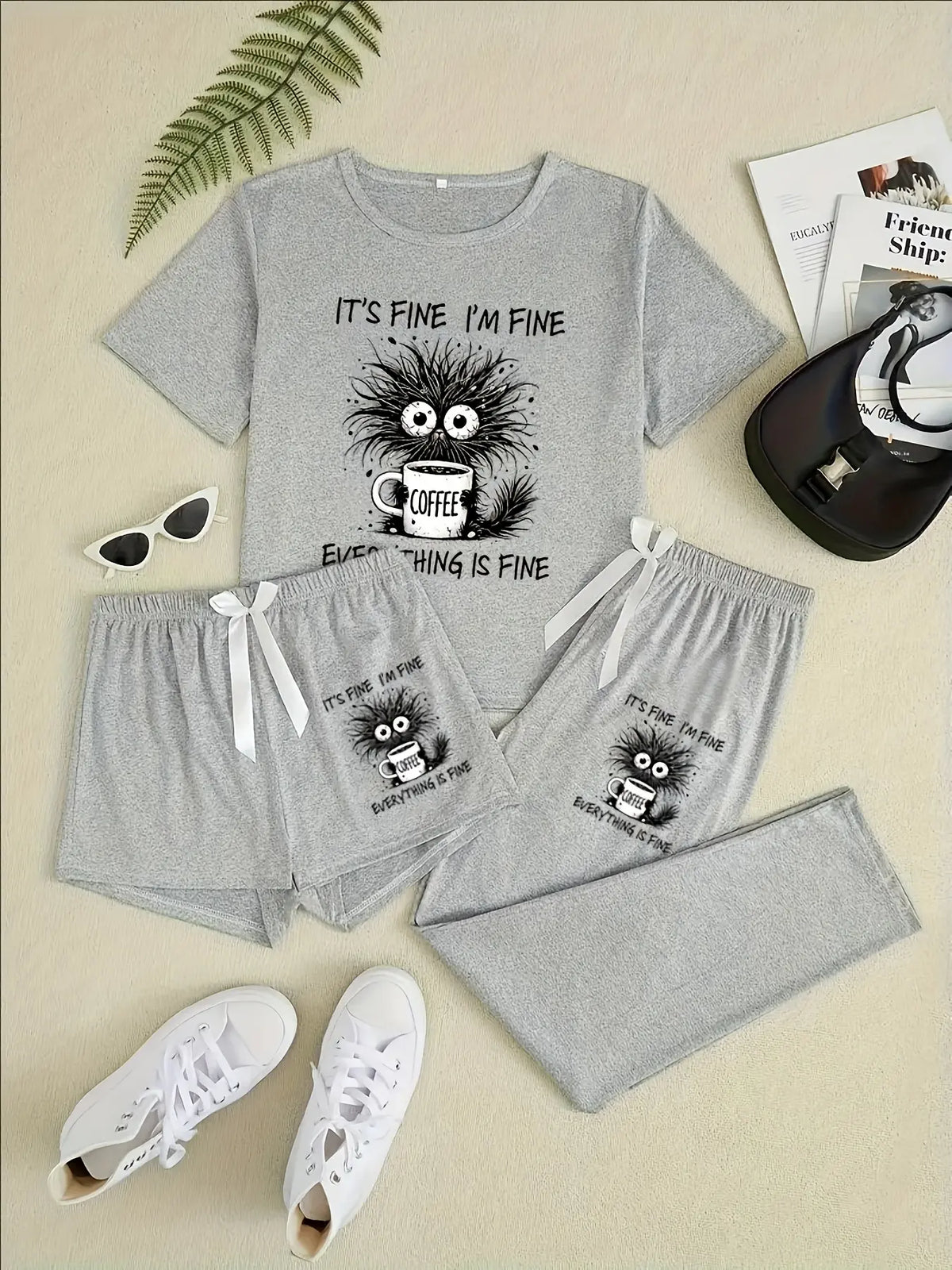 Women's Cartoon Coffee Cat Print Sleepwear, Loungewear Set, Fitted Casual Pajamas for All Seasons, Comfortable Three-Piece Nightwear, Pyjamas, Pjs, Womenswear, Home Sleepwear