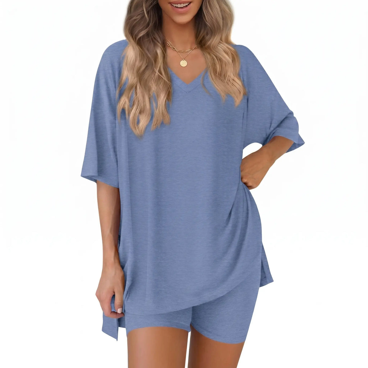 Women's 2-Piece Casual Loungewear Set: Summer Loose-fitting V-neck Short-sleeved Slit Top and High-waisted Shorts Sports Set