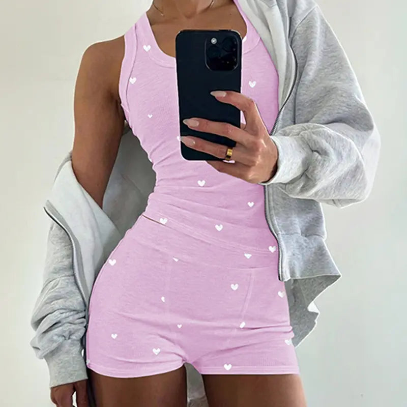 CHICME Women's 2 Pieces Pajamas Set Heart Pattern U Neck Tank Waist Shorts Set Fit Breathable