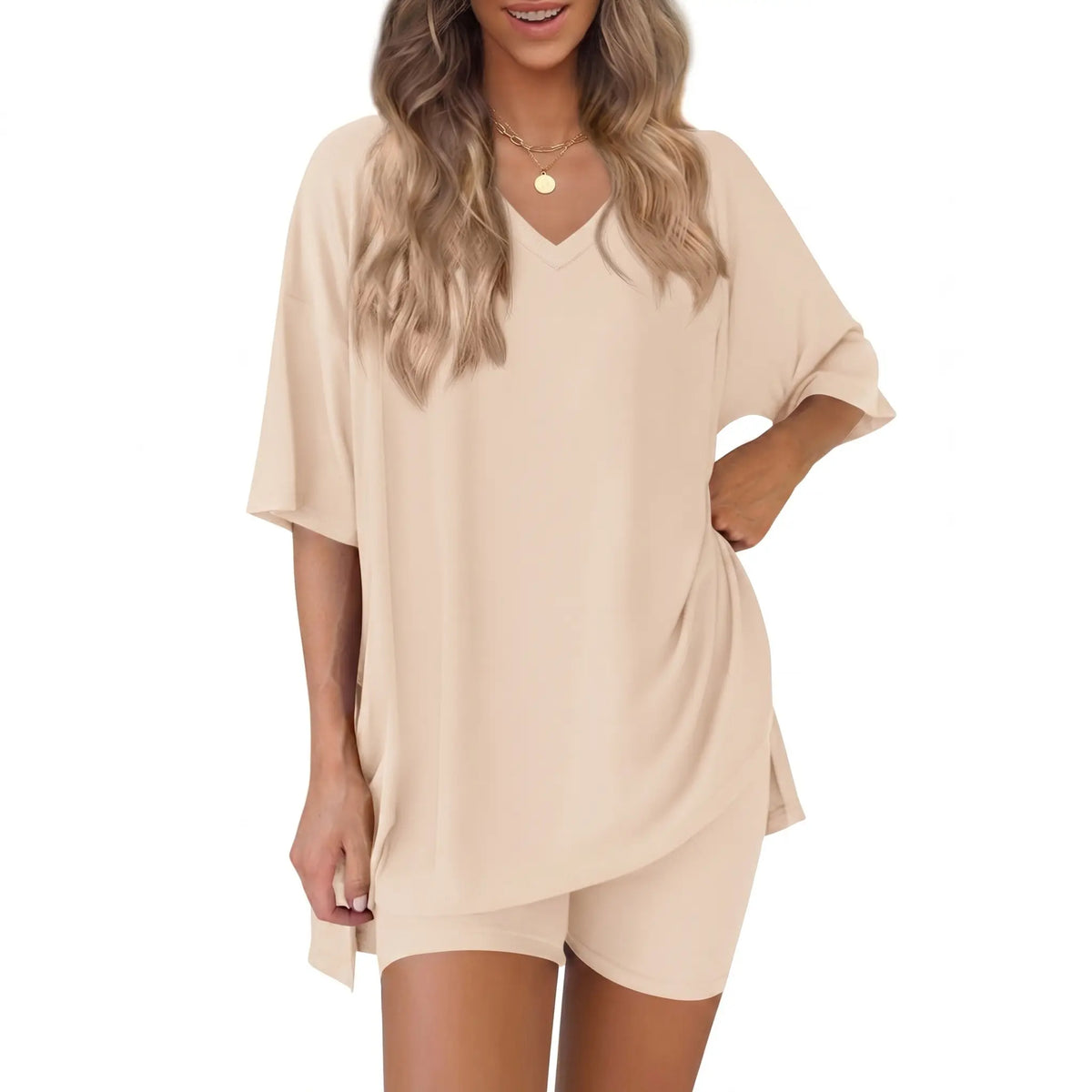 Women's 2-Piece Casual Loungewear Set: Summer Loose-fitting V-neck Short-sleeved Slit Top and High-waisted Shorts Sports Set