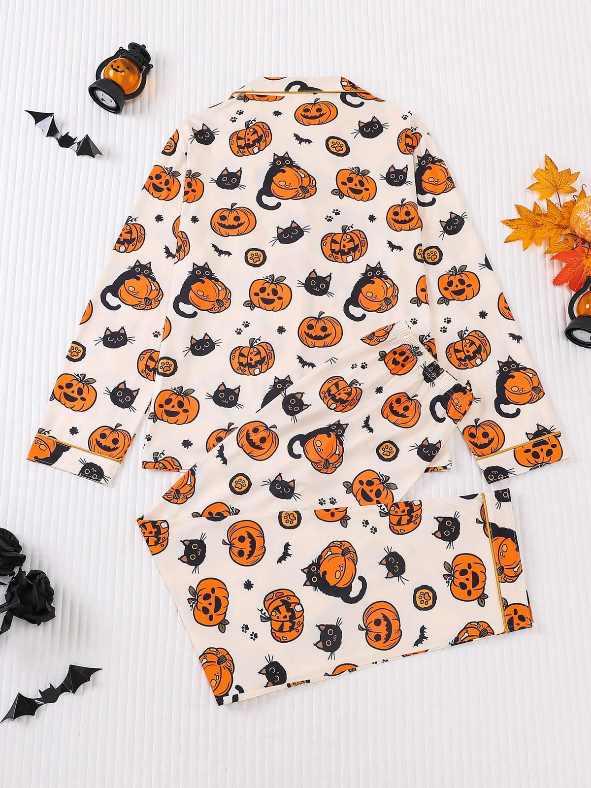 2 pieces of women's Halloween cute pumpkin cat bat printed long sleeved pants pajamas set with pockets suitable for all seasons, comfortable, trendy, energetic, elegant and casual home wear