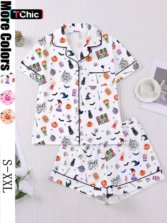 Halloween Cartoon Ghost Pumpkin Pajama Set for Women, Short Sleeve Button Front Top and Elastic Shorts, Comfortable Everyday Home Wear Loungewear