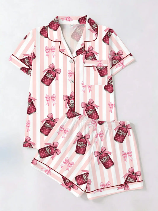 Women's Striped Bow Tie Print Short Sleeve Shorts Matching Set Outfit, Breathable Fitted Pajama Sleepwear, Casual Home Wear, Loungewear, All Seasons, Homewear, Pjs, Loungewear Shorts Sets