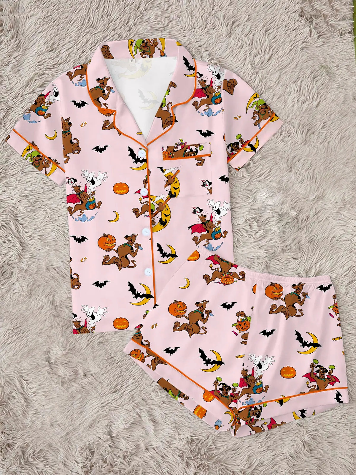 Women's Halloween Pajama Set, Cute Cartoon Pumpkin, Bat, Ghost & Animal Print, 2-Piece Short-Sleeve Sleepwear Loungewear, Fitted for All Seasons, Pyjamas Set