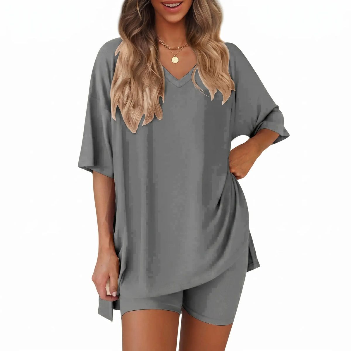 Women's 2-Piece Casual Loungewear Set: Summer Loose-fitting V-neck Short-sleeved Slit Top and High-waisted Shorts Sports Set
