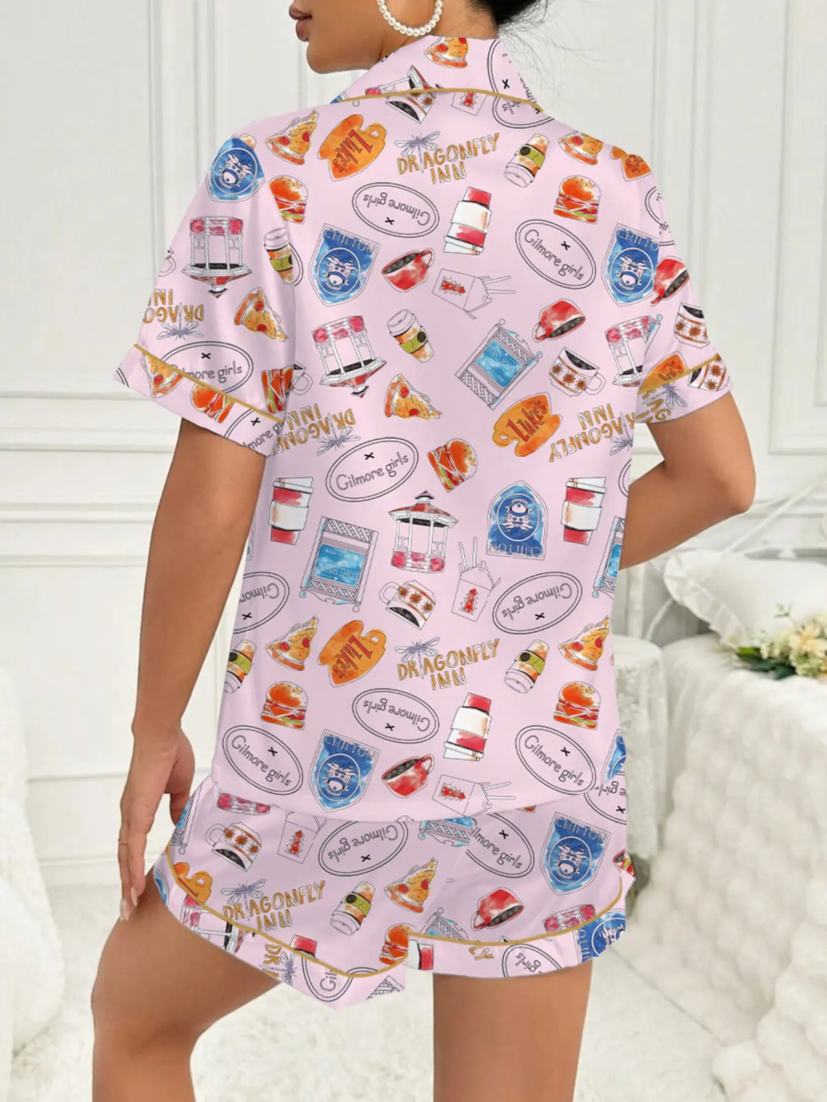 Women's Stars Hollow Gilmore Girls Comfortable Loungewear & Sleepwear Set, Comfy Lounge Set, Two-Piece Short Sleeve Top & Elastic Shorts for All Seasons, Idea Gift