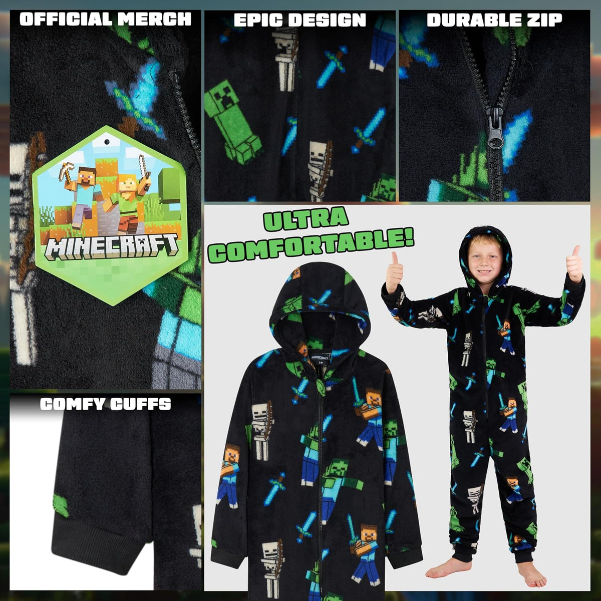 Minecraft Boys Fleece Hooded One-Piece Pajamas, Warm Fleece Hooded Loungewear Suit for Boys - Gifts for Gamers