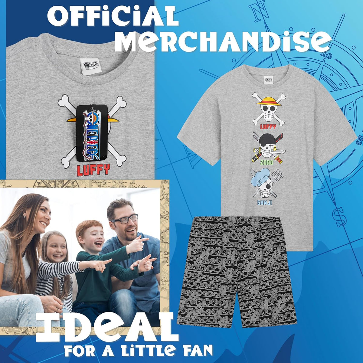 One Piece Pajama Set 2-Piece T shirt and Shorts Set Boys Summer PJ Set Loungewear Kids Clothing Matching Anime Gifts (Grey/Black, 9-10 Years)