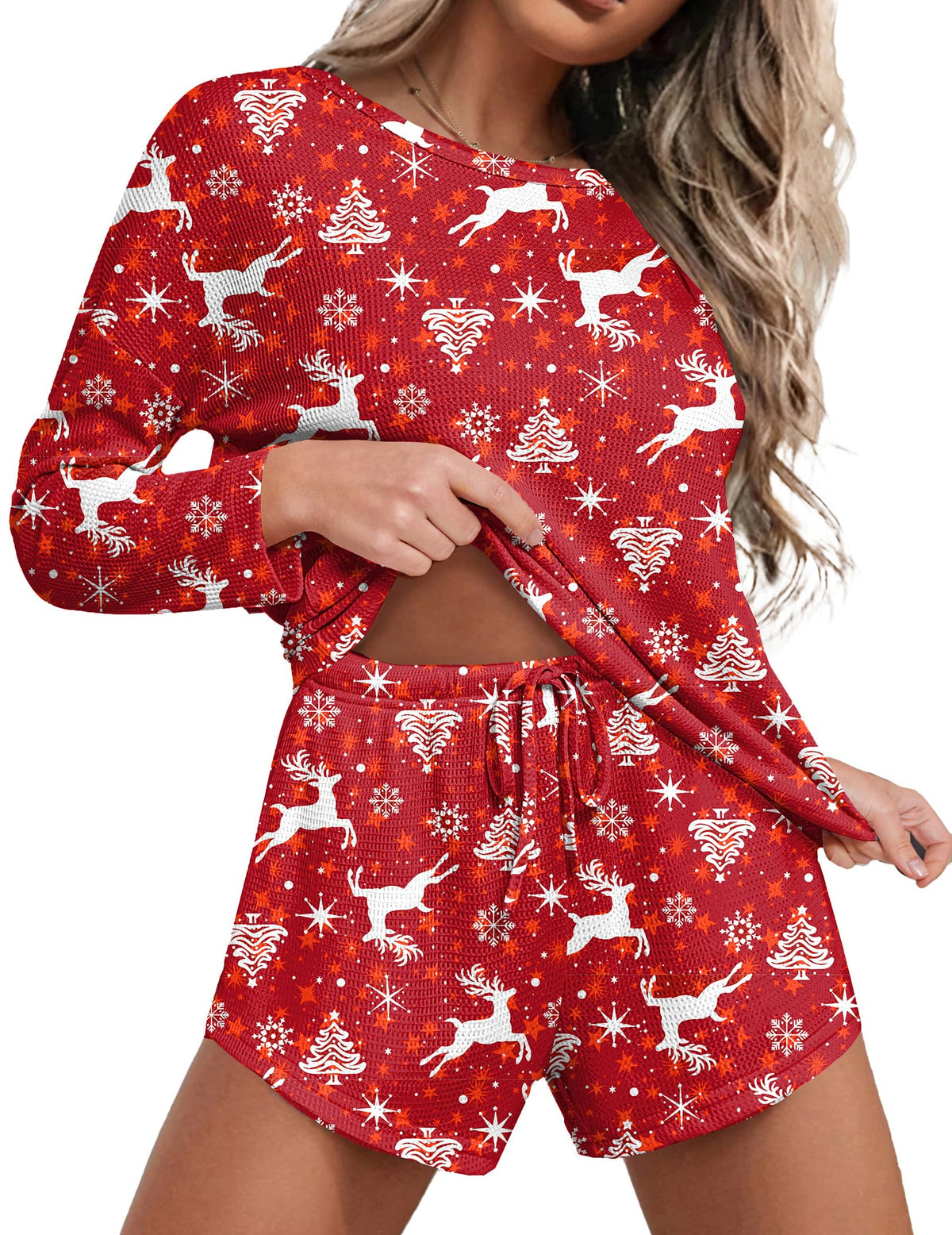 Ekouaer Womens Waffle Knit Pajama Sets Long Sleeve Top and Shorts Matching Lounge Set Loungewear Sweatsuit with Pockets