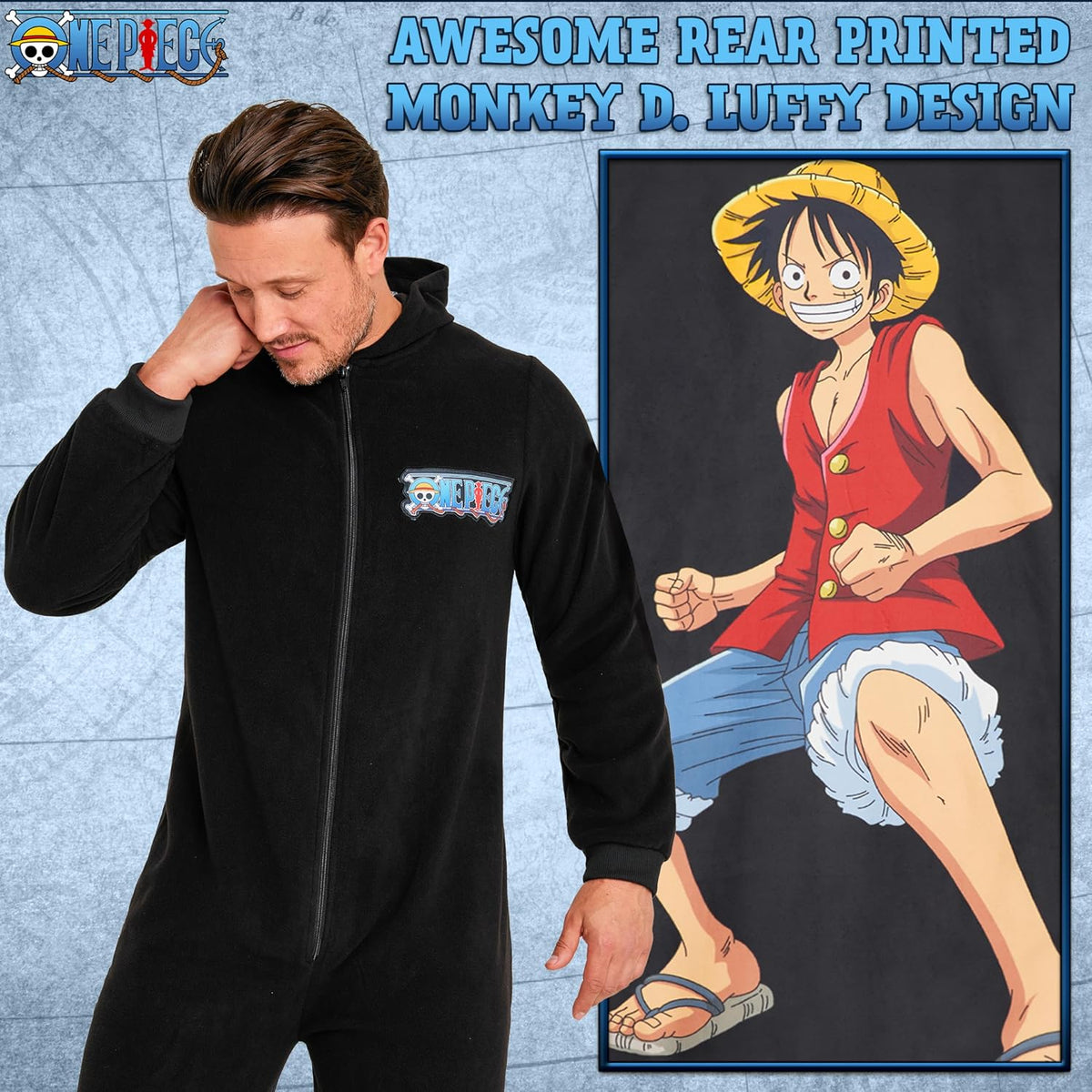 One Piece Anime Merch Manga Jumpsuit One-Piece Pajamas for Teens and Men Warm, Cozy Soft Lounge Wear, Luffy Gifts for Men