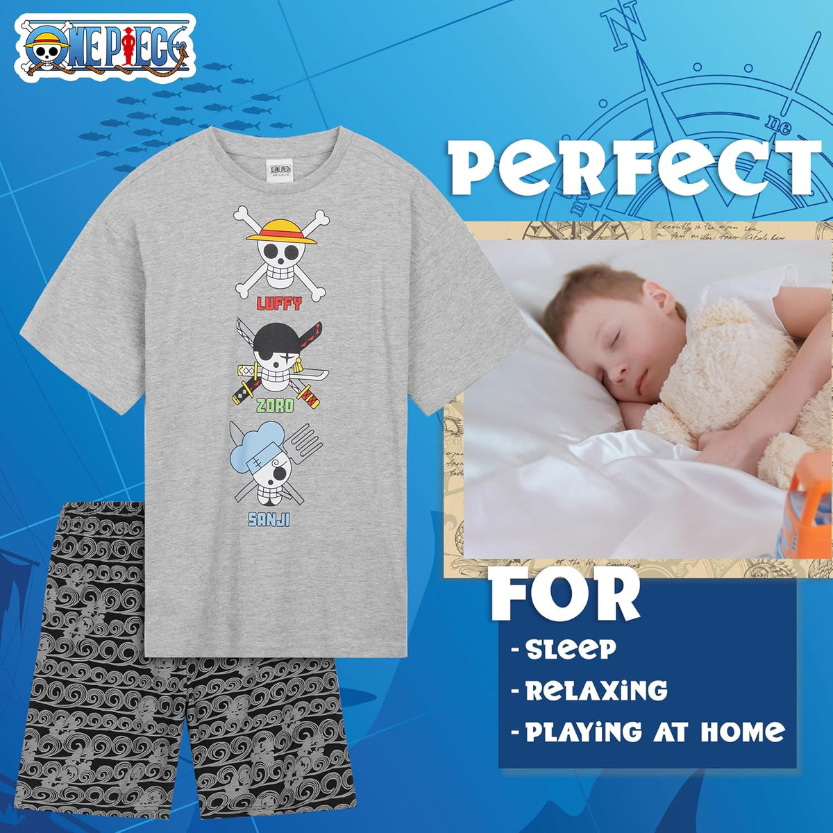 One Piece Pajama Set 2-Piece T shirt and Shorts Set Boys Summer PJ Set Loungewear Kids Clothing Matching Anime Gifts (Grey/Black, 9-10 Years)