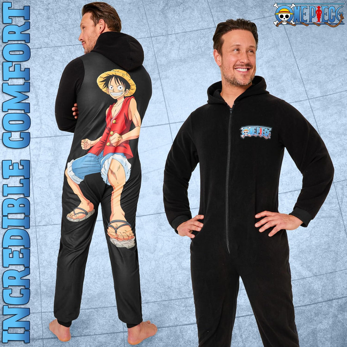 One Piece Anime Merch Manga Jumpsuit One-Piece Pajamas for Teens and Men Warm, Cozy Soft Lounge Wear, Luffy Gifts for Men