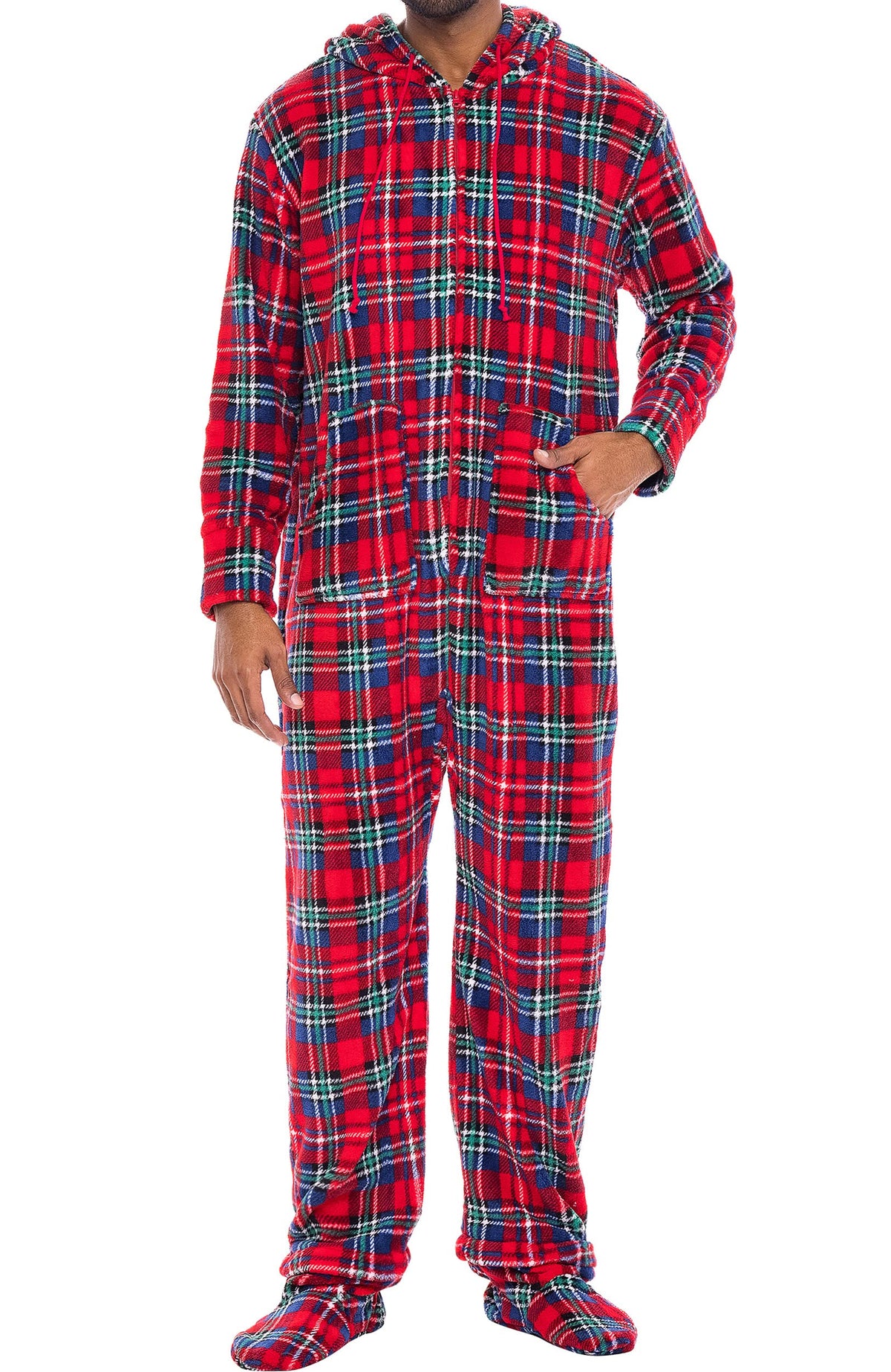 Men's Long Sleeve Plush Fleece Hooded Adult Onesie, Footie Pajamas