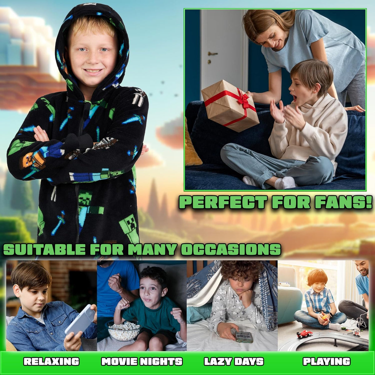 Minecraft Boys Fleece Hooded One-Piece Pajamas, Warm Fleece Hooded Loungewear Suit for Boys - Gifts for Gamers