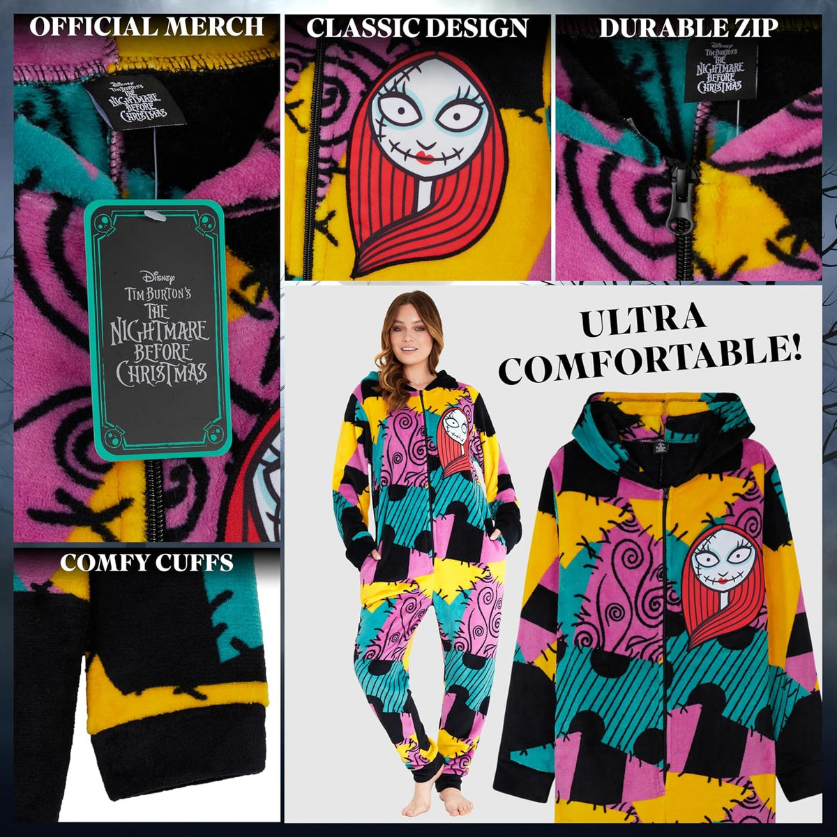 Disney The Nightmare Before Christmas One Piece Pajamas for Women, Teens, Fleece Jumpsuit With Hood, Halloween Gifts