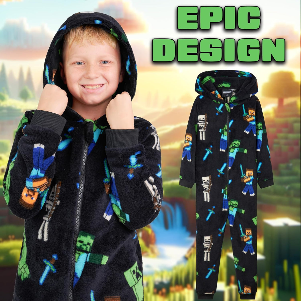 Minecraft Boys Fleece Hooded One-Piece Pajamas, Warm Fleece Hooded Loungewear Suit for Boys - Gifts for Gamers