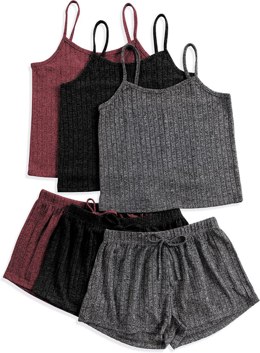 3 Sets for Women Ribbed Pajamas Set Crop Top and Shorts Button Lounge Set Sleeveless Pjs Sleepwear