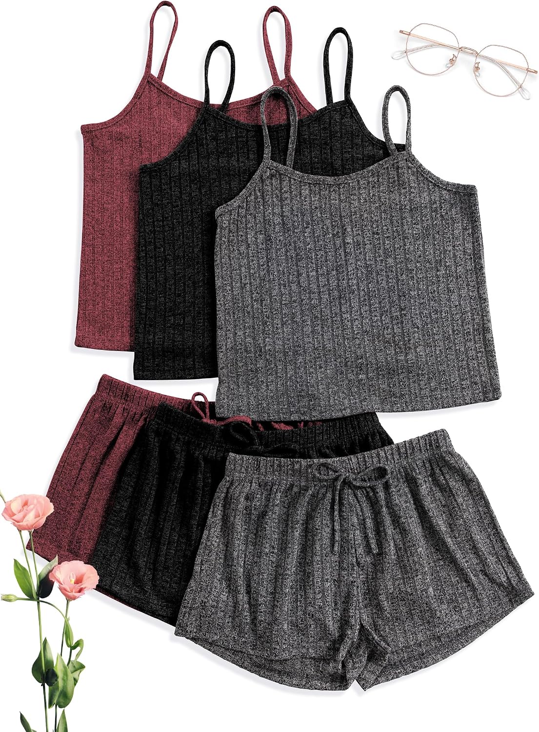 3 Sets for Women Ribbed Pajamas Set Crop Top and Shorts Button Lounge Set Sleeveless Pjs Sleepwear