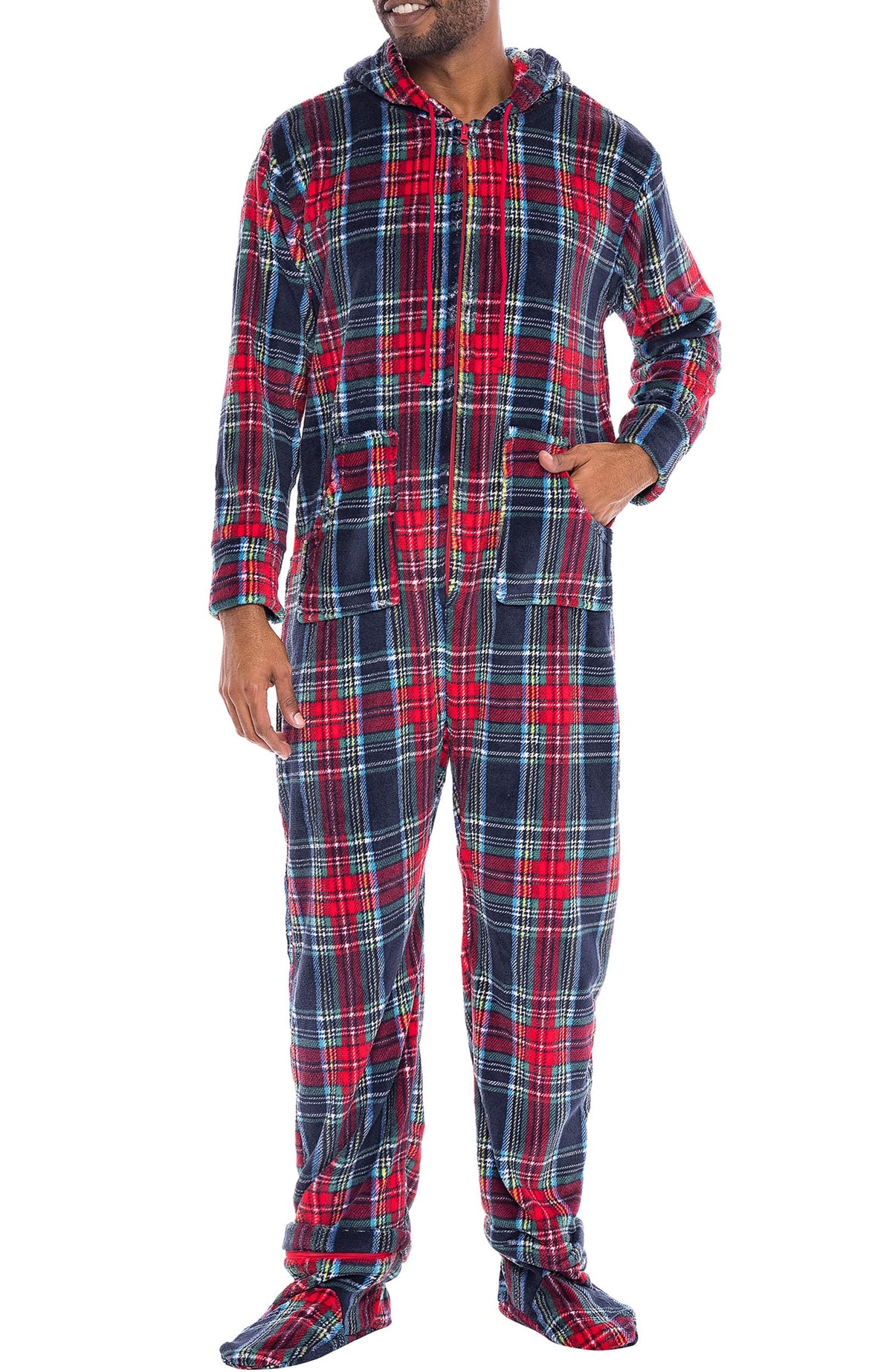 Men's Long Sleeve Plush Fleece Hooded Adult Onesie, Footie Pajamas