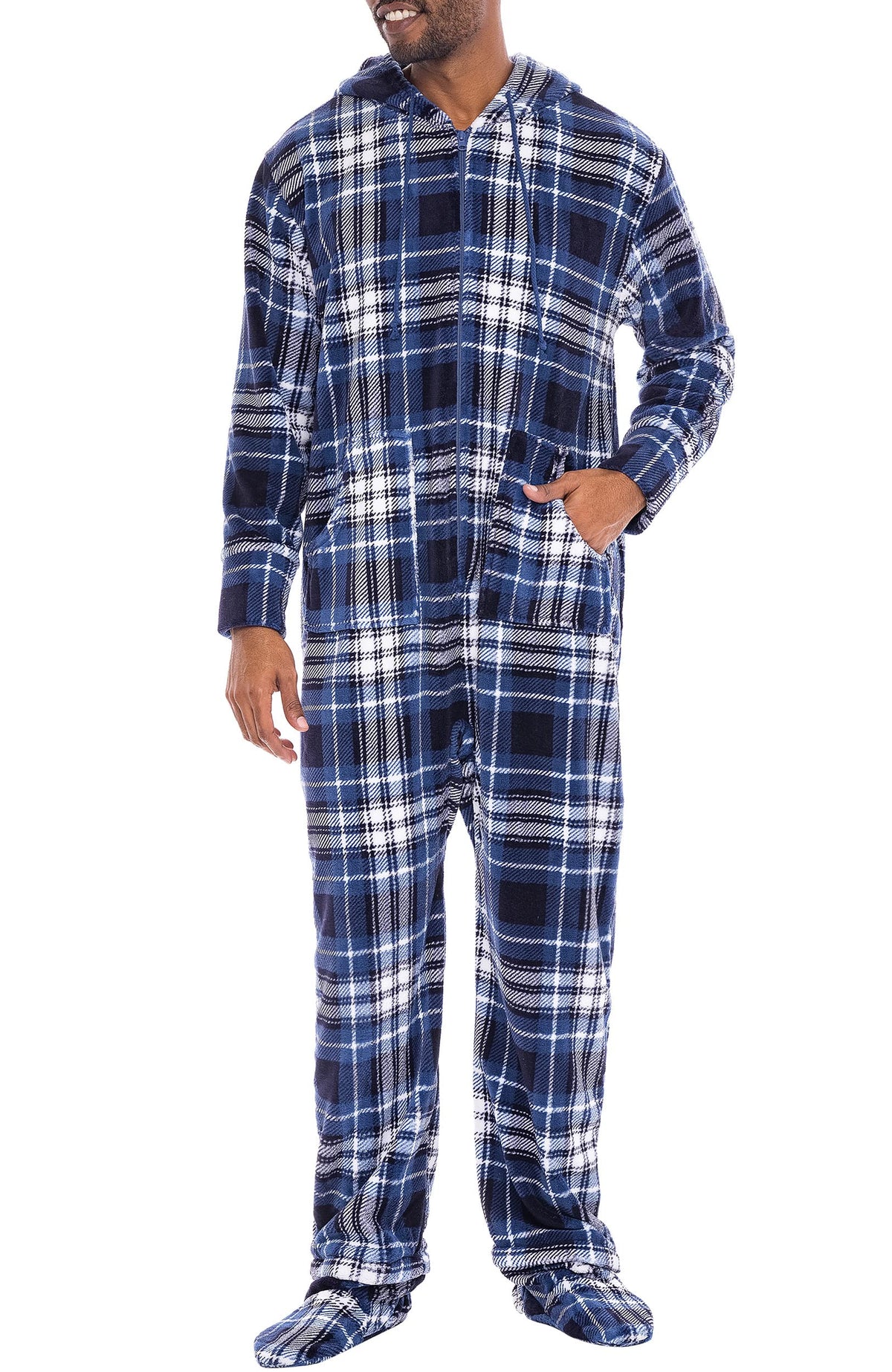 Men's Long Sleeve Plush Fleece Hooded Adult Onesie, Footie Pajamas