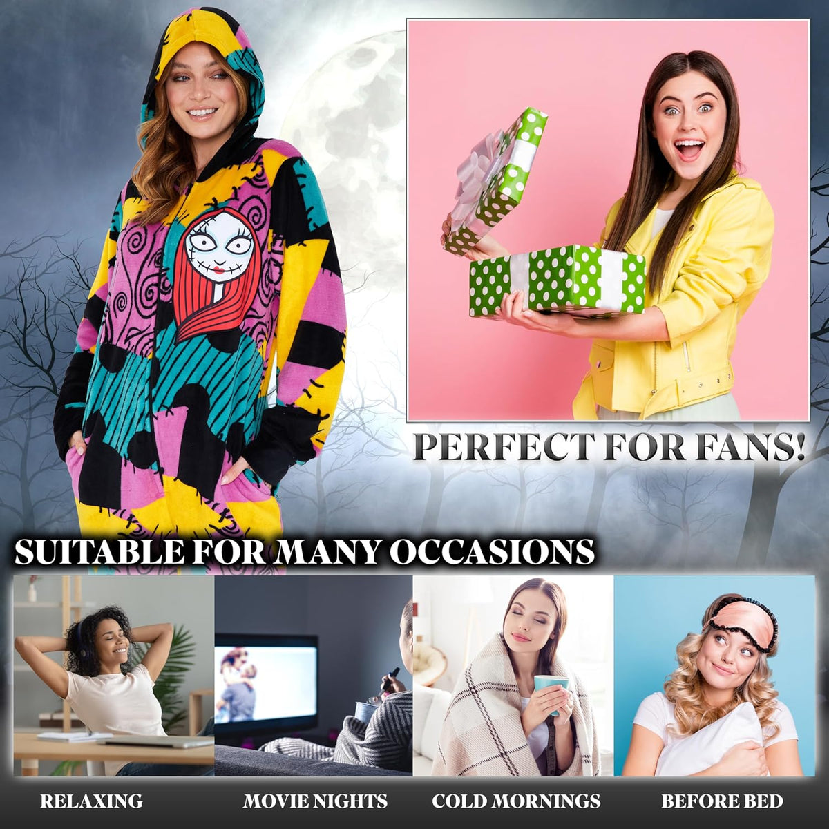 Disney The Nightmare Before Christmas One Piece Pajamas for Women, Teens, Fleece Jumpsuit With Hood, Halloween Gifts