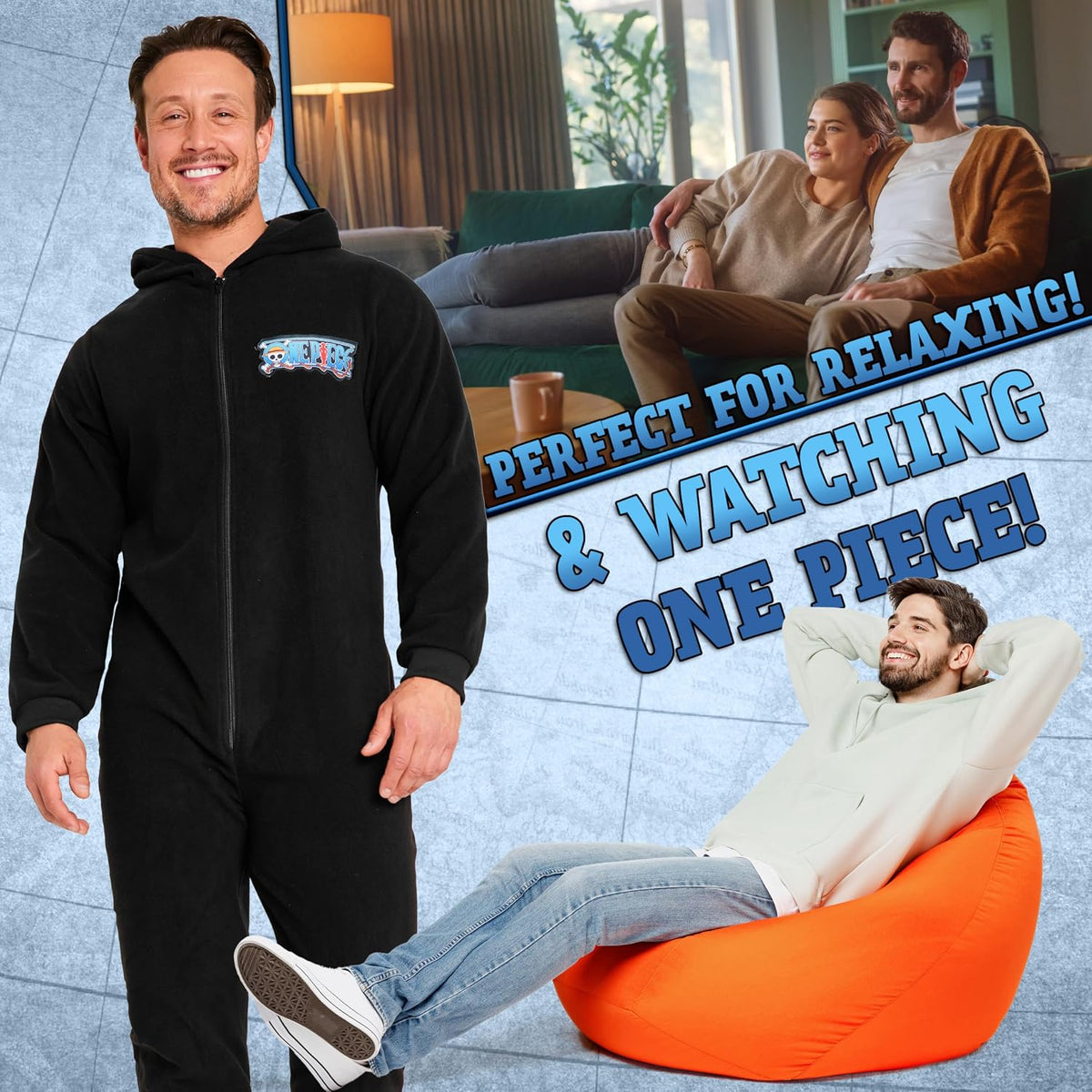 One Piece Anime Merch Manga Jumpsuit One-Piece Pajamas for Teens and Men Warm, Cozy Soft Lounge Wear, Luffy Gifts for Men