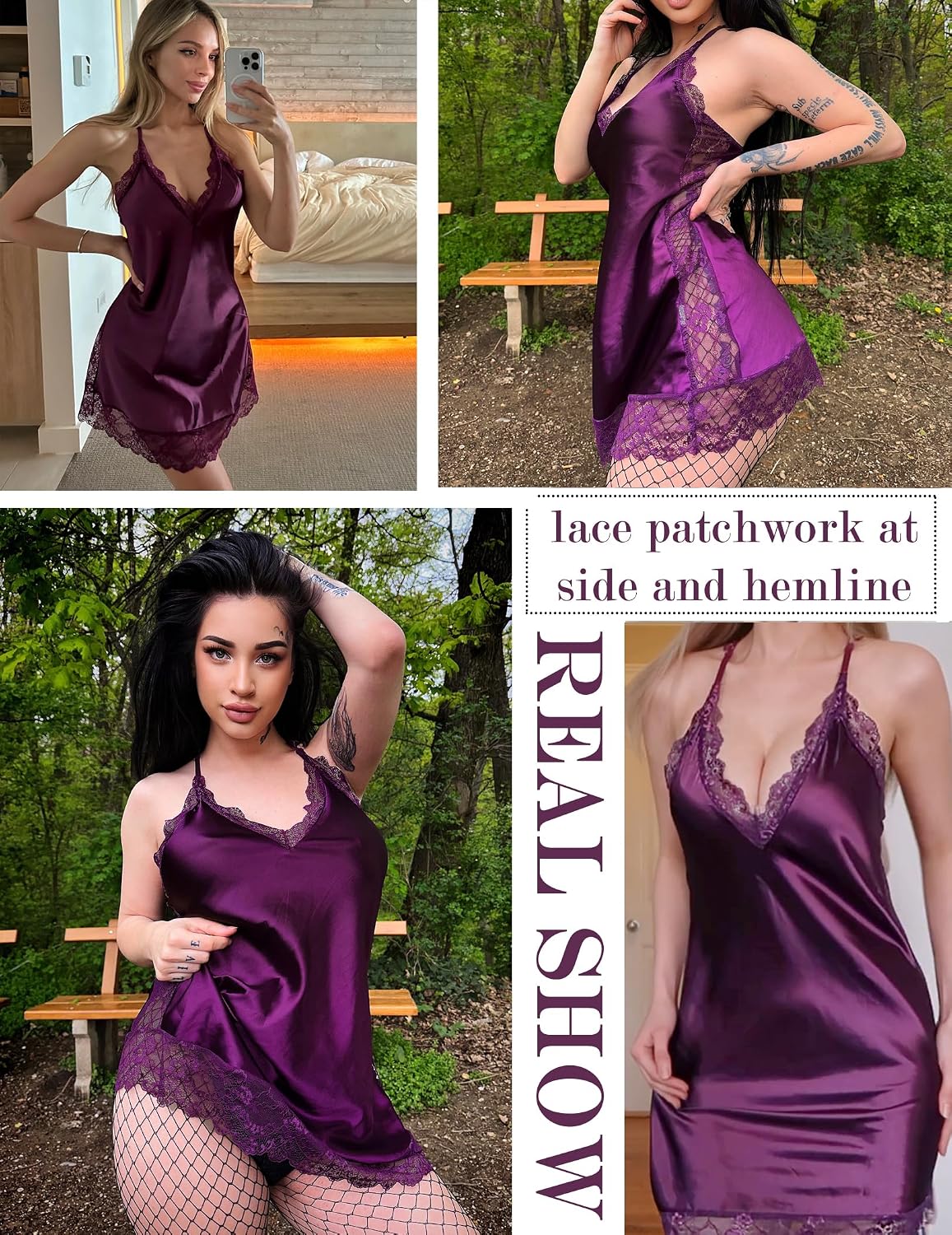 Avidlove Women's Lingerie Satin Lace Chemise Deep V Halter Babydoll S-4XL